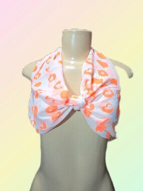 🌻🌷y2k Millennium Neon Orange Cheetah Print Chiffon Bow Bandeau Crop Top